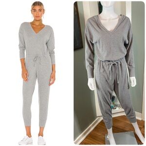 Chaser Love Rib Long Sleeve Double V Drawstring Jumpsuit in Heather Grey Medium